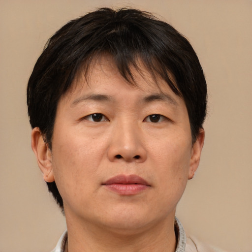 Neutral asian adult female with short  brown hair and brown eyes