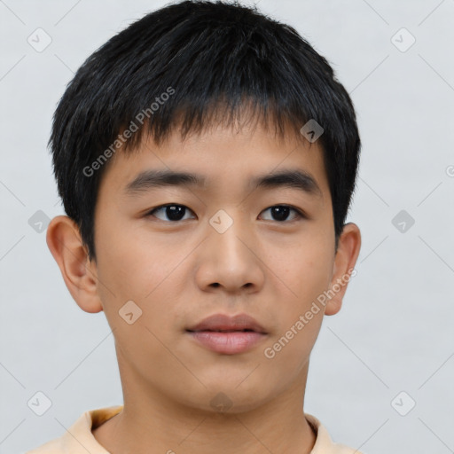 Neutral asian young-adult male with short  brown hair and brown eyes