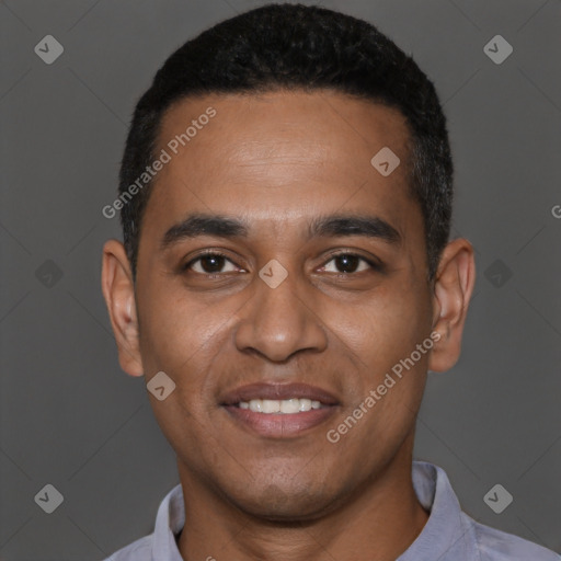 Joyful latino young-adult male with short  black hair and brown eyes