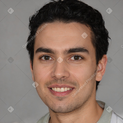 Joyful white young-adult male with short  black hair and brown eyes