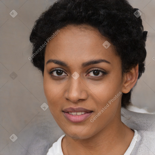 Joyful latino young-adult female with short  black hair and brown eyes