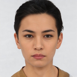 Neutral asian young-adult female with short  black hair and brown eyes