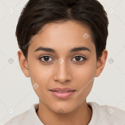 Joyful white young-adult female with short  brown hair and brown eyes