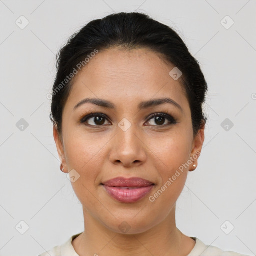 Joyful latino young-adult female with short  brown hair and brown eyes