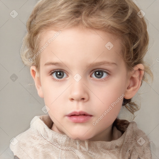 Neutral white child female with medium  brown hair and grey eyes