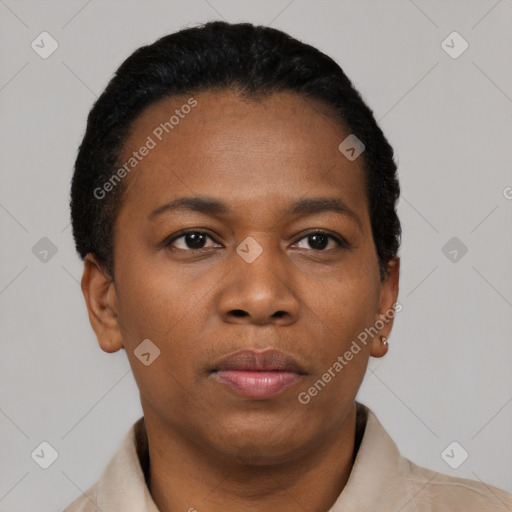 Neutral black young-adult female with short  black hair and brown eyes
