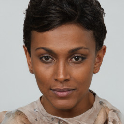 Neutral black young-adult female with short  brown hair and brown eyes