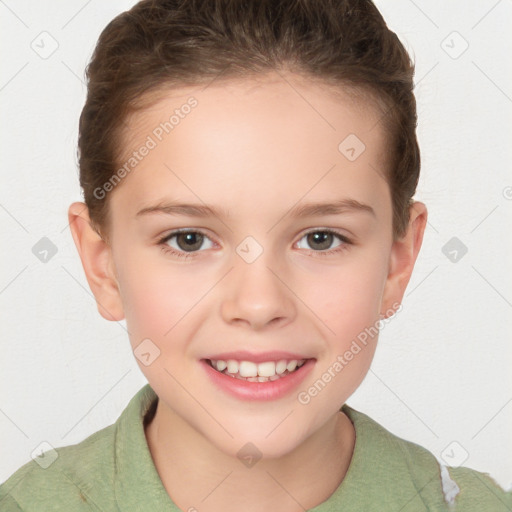 Joyful white child female with short  brown hair and brown eyes