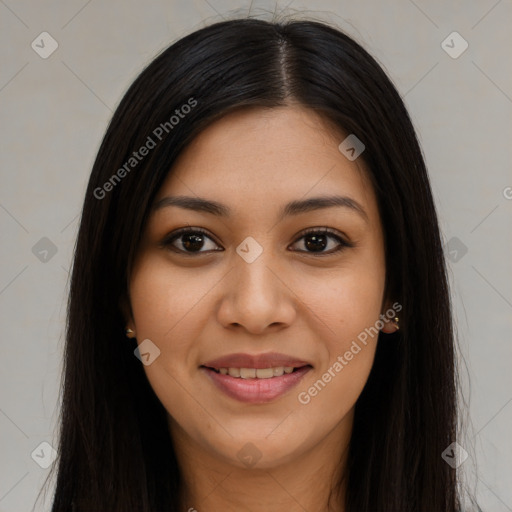 Joyful latino young-adult female with long  brown hair and brown eyes