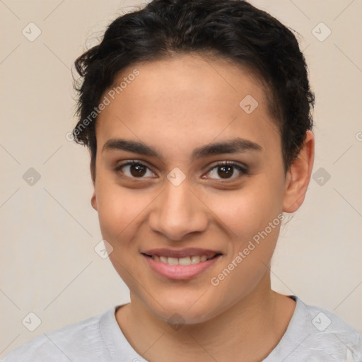 Joyful latino young-adult female with short  brown hair and brown eyes