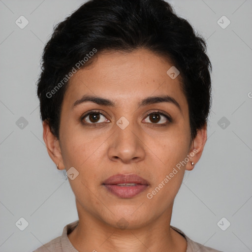 Joyful latino young-adult female with short  brown hair and brown eyes