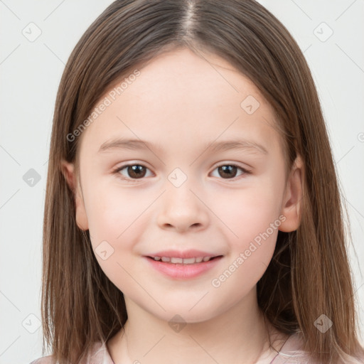 Joyful white child female with long  brown hair and brown eyes