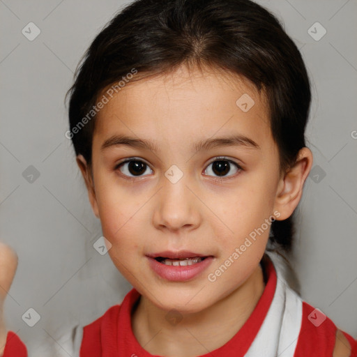 Joyful white child female with medium  brown hair and brown eyes