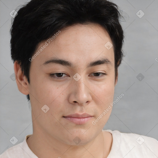 Neutral asian young-adult male with short  brown hair and brown eyes