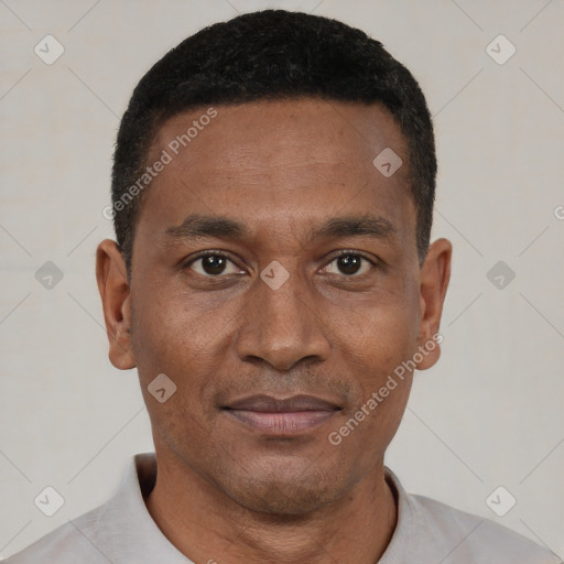 Joyful black young-adult male with short  black hair and brown eyes