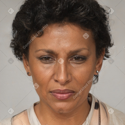 Joyful latino adult female with short  brown hair and brown eyes