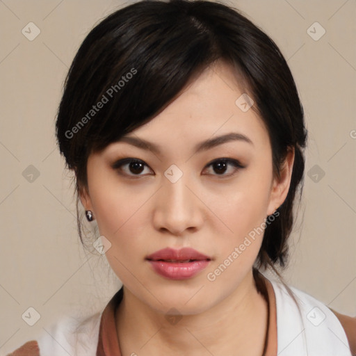 Neutral asian young-adult female with medium  black hair and brown eyes