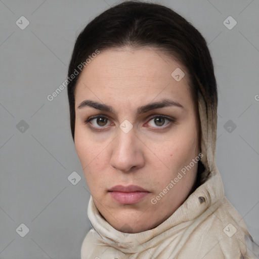 Neutral white young-adult female with short  brown hair and brown eyes