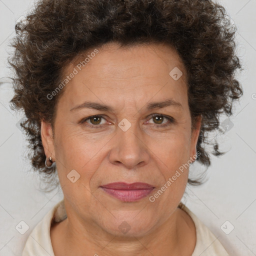 Joyful white adult female with short  brown hair and brown eyes