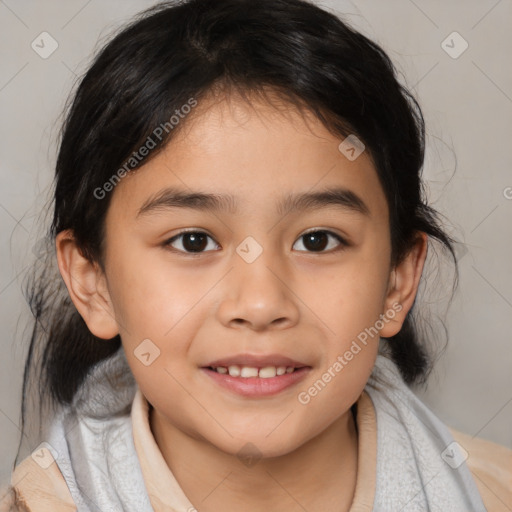 Joyful white child female with medium  brown hair and brown eyes