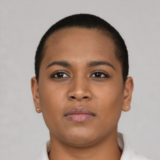 Neutral latino young-adult female with short  brown hair and brown eyes