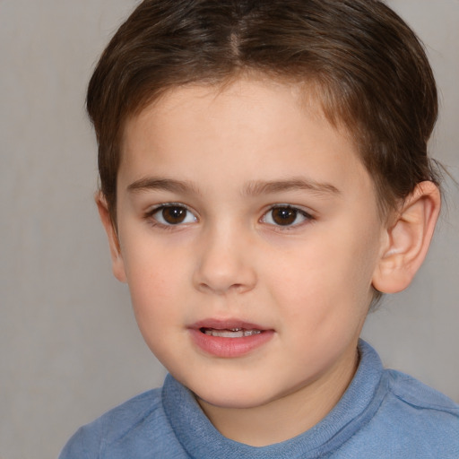 Joyful white child female with short  brown hair and brown eyes