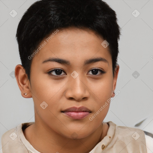 Joyful latino young-adult female with short  brown hair and brown eyes