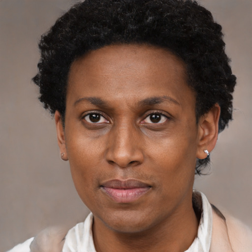 Joyful black adult female with short  black hair and brown eyes