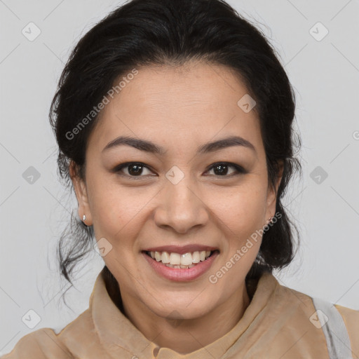 Joyful latino young-adult female with medium  brown hair and brown eyes