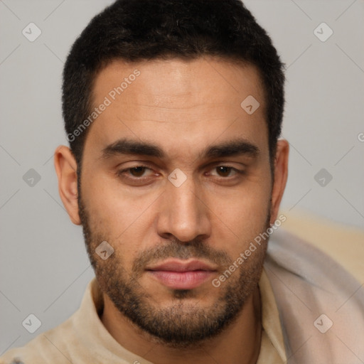 Neutral white young-adult male with short  brown hair and brown eyes