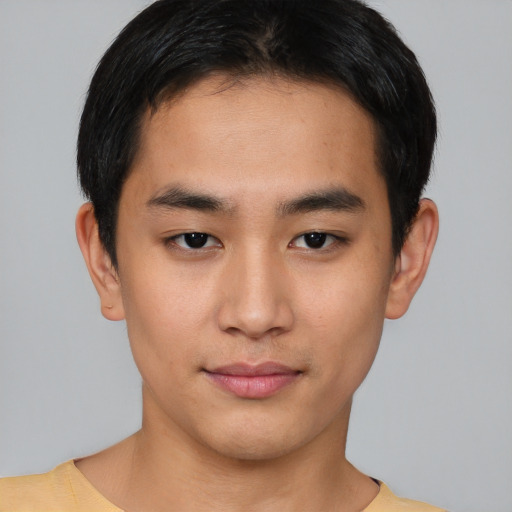 Neutral asian young-adult male with short  black hair and brown eyes