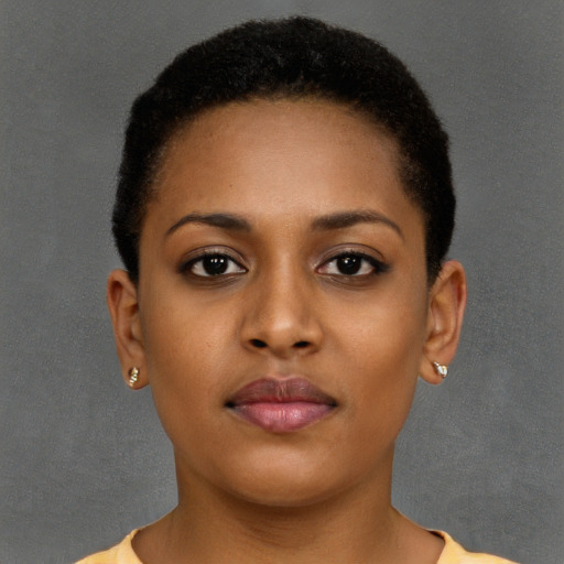 Neutral black young-adult female with short  brown hair and brown eyes