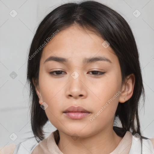 Neutral asian young-adult female with medium  brown hair and brown eyes