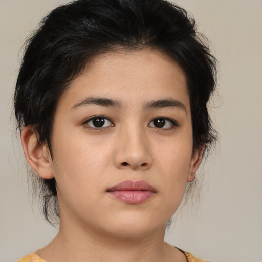 Neutral asian young-adult female with medium  brown hair and brown eyes