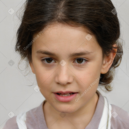 Joyful white child female with medium  brown hair and brown eyes