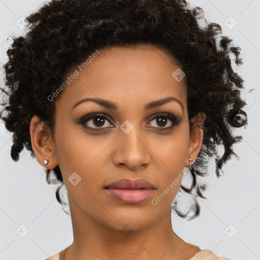 Neutral latino young-adult female with short  brown hair and brown eyes