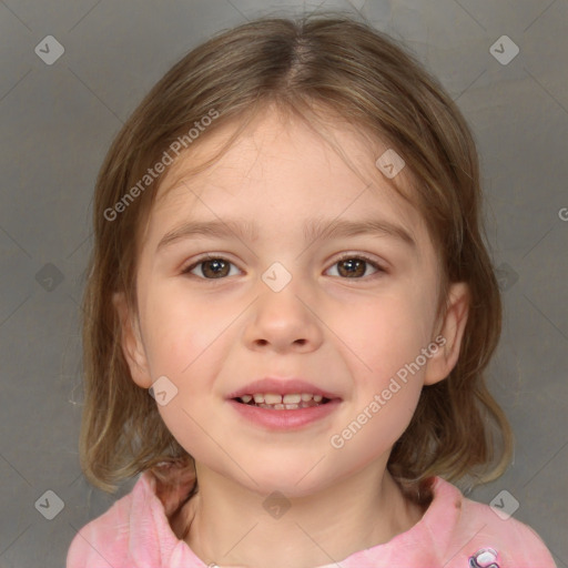 Joyful white child female with medium  brown hair and brown eyes