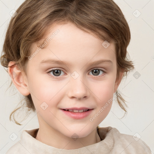 Joyful white child female with medium  brown hair and grey eyes