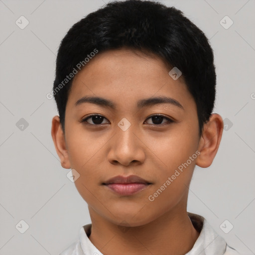 Neutral asian young-adult female with short  black hair and brown eyes