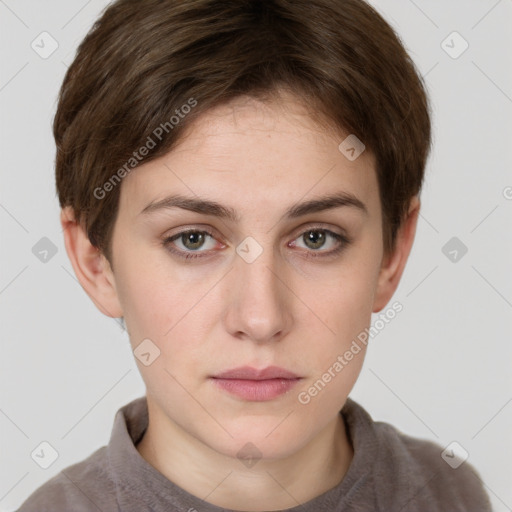 Neutral white young-adult female with short  brown hair and grey eyes