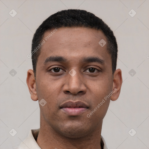 Neutral latino young-adult male with short  black hair and brown eyes