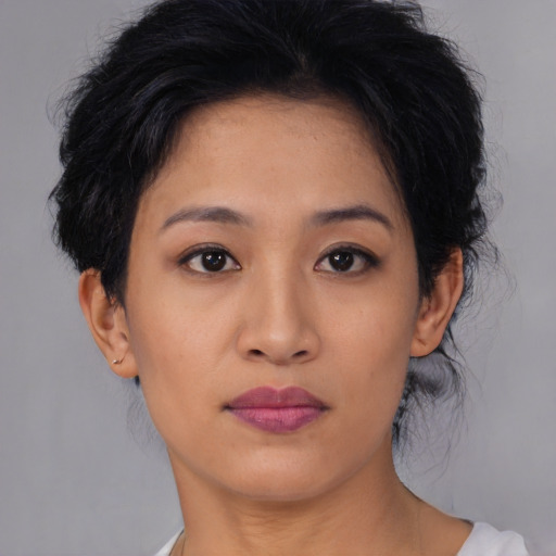 Neutral asian young-adult female with short  black hair and brown eyes