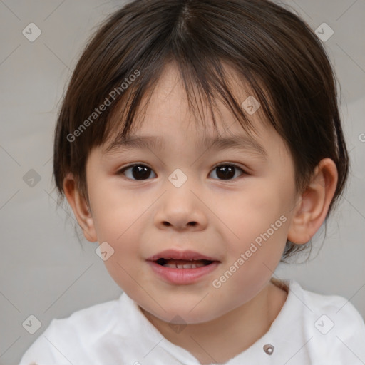 Joyful white child female with medium  brown hair and brown eyes