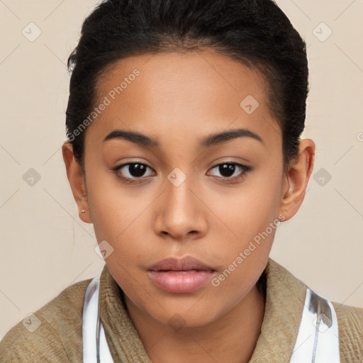 Neutral latino young-adult female with short  brown hair and brown eyes