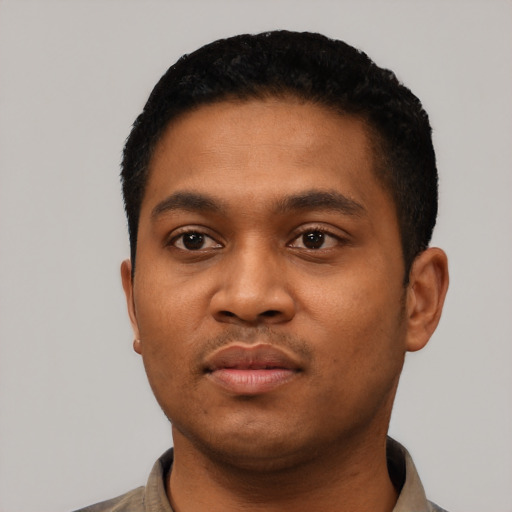 Neutral black young-adult male with short  black hair and brown eyes