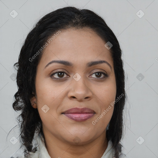 Joyful latino young-adult female with medium  brown hair and brown eyes