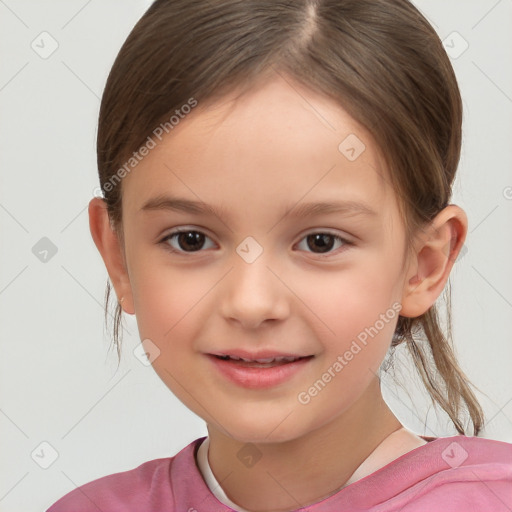 Joyful white child female with medium  brown hair and brown eyes