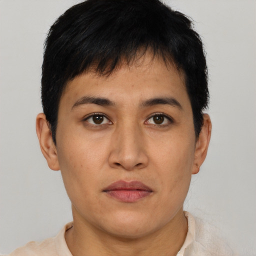 Neutral asian young-adult male with short  brown hair and brown eyes