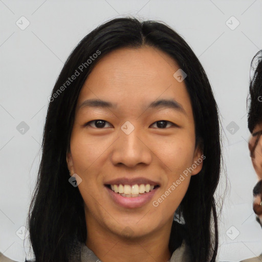 Joyful asian young-adult female with medium  black hair and brown eyes