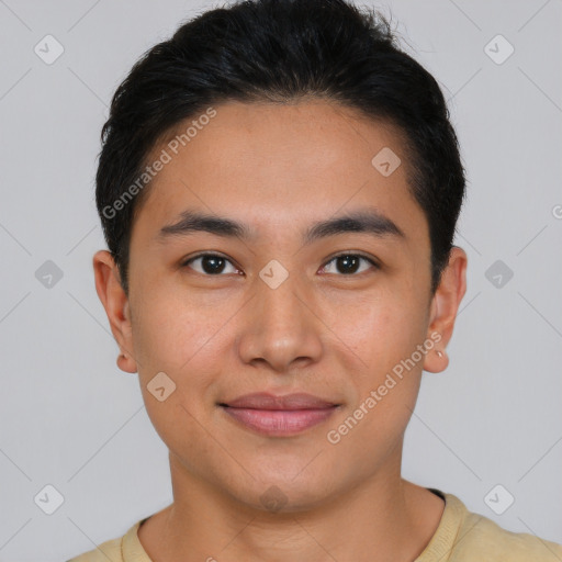 Joyful asian young-adult male with short  brown hair and brown eyes